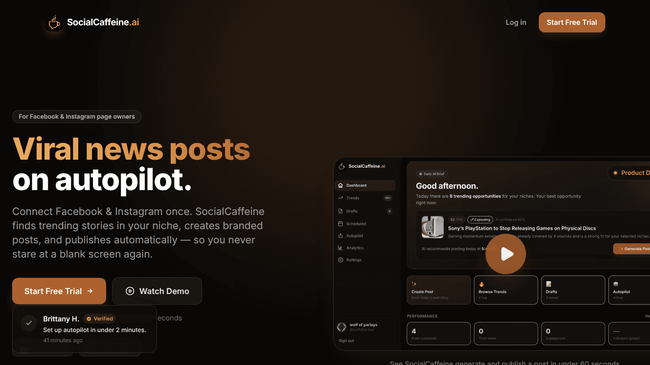 SocialCaffeine website screenshot