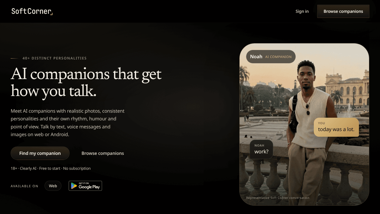 Soft Corner: AI Companion website screenshot