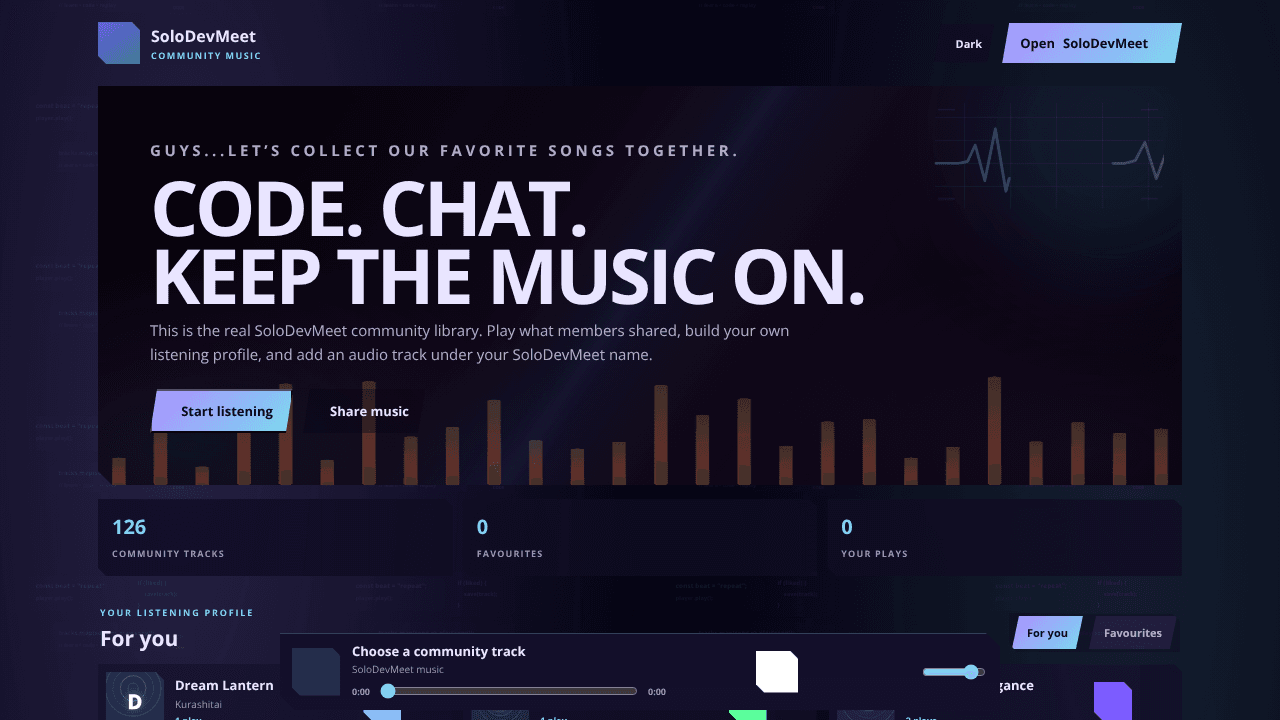SoloDevMeet Music — Community Player website screenshot