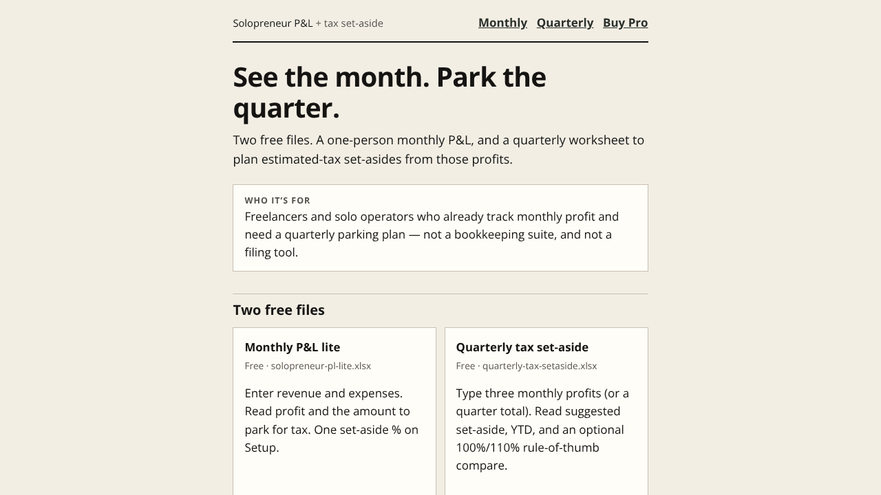Solopreneur P&L + Tax Set-Aside website screenshot