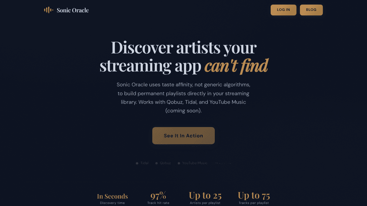 Sonic Oracle, Music Discovery Engine website screenshot