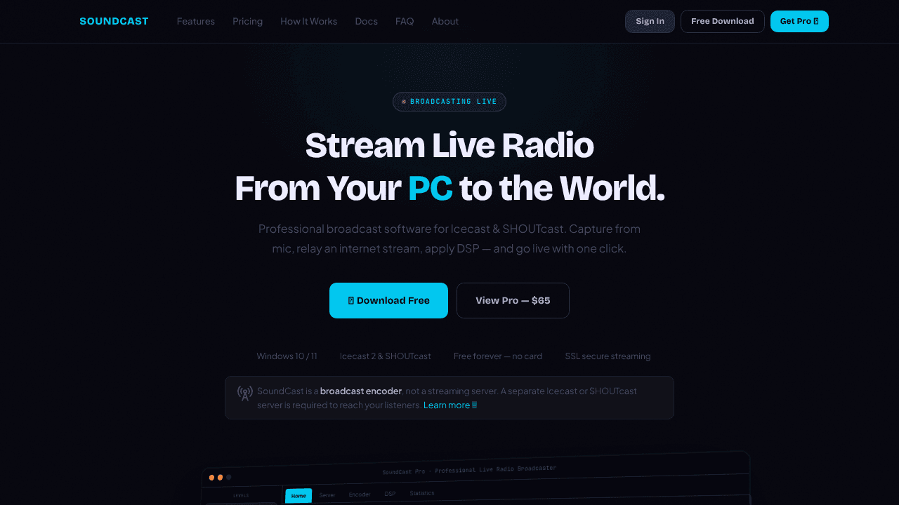 SoundCast Streamer website screenshot