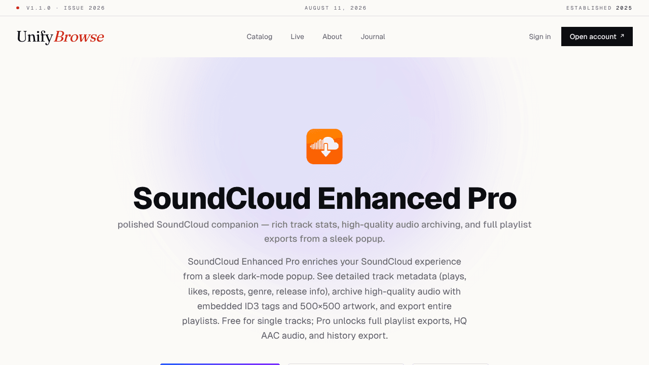 SoundCloud Enhanced Pro · UnifyBrowse website screenshot