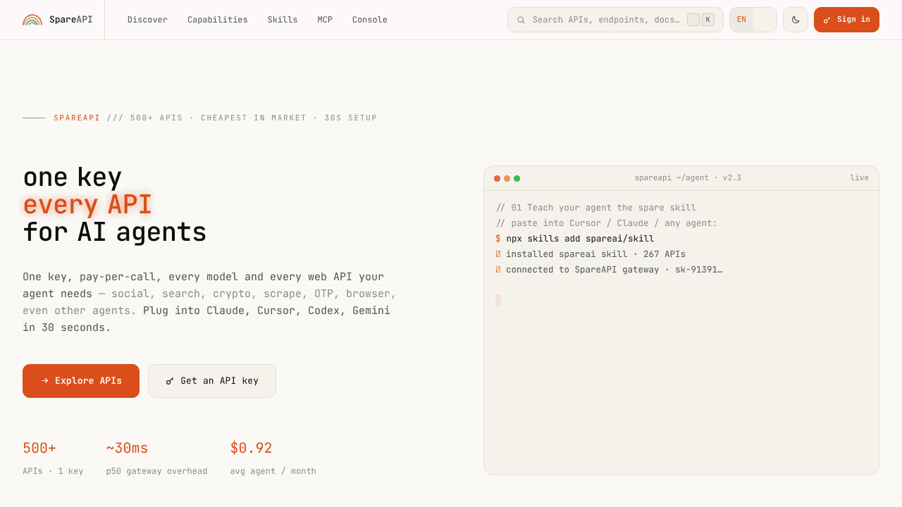 SpareAPI website screenshot