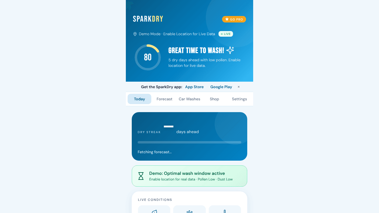 SparkDry: Car Wash Weather App website screenshot