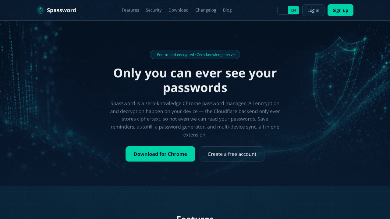 Spassword - password manager website screenshot