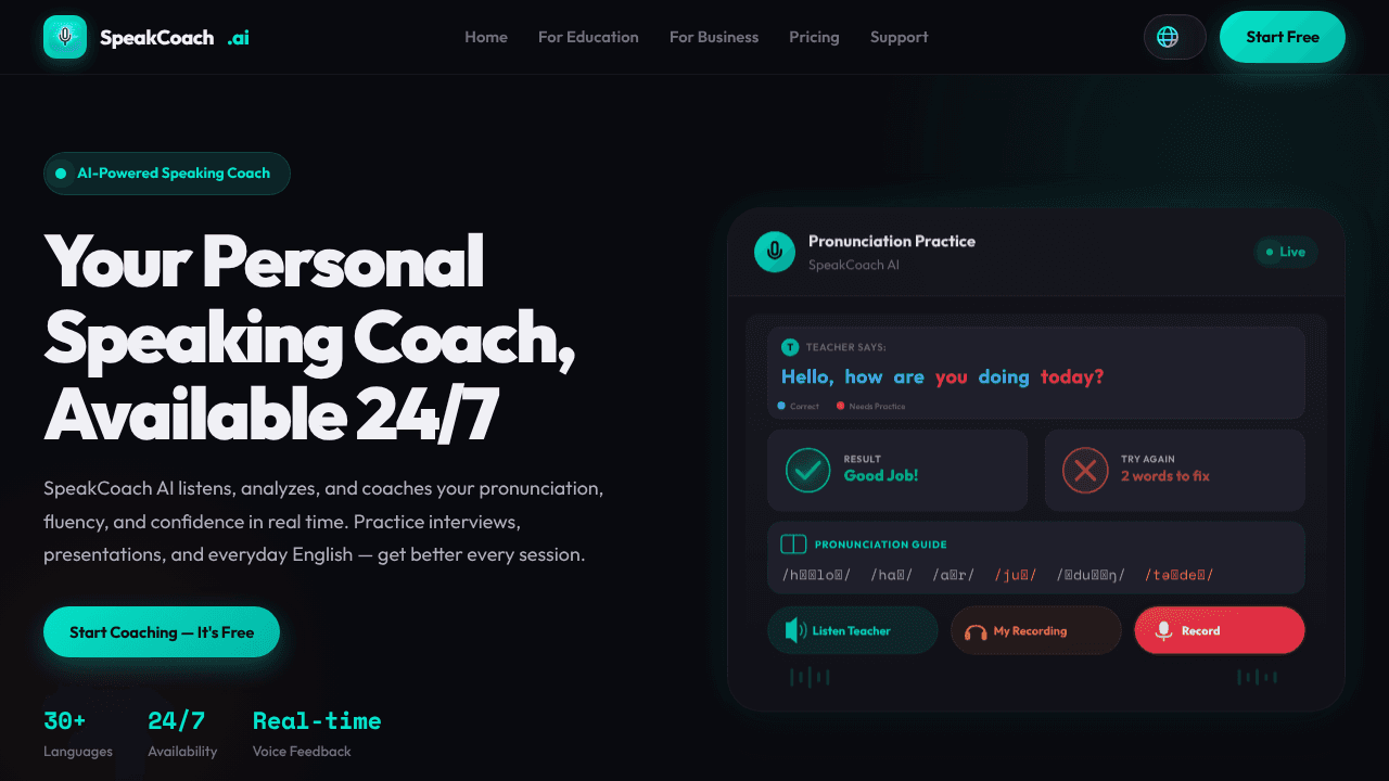 SpeakCoach AI - 24/7 AI Speaking Partner website screenshot