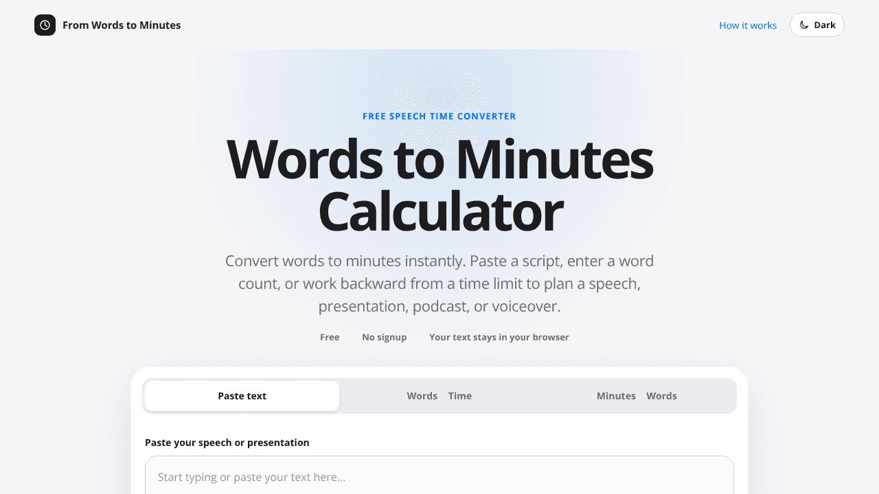 Speech Time Converter website screenshot