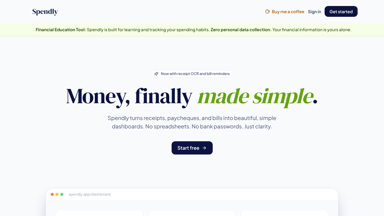 Spendly — Expense Tracker website screenshot