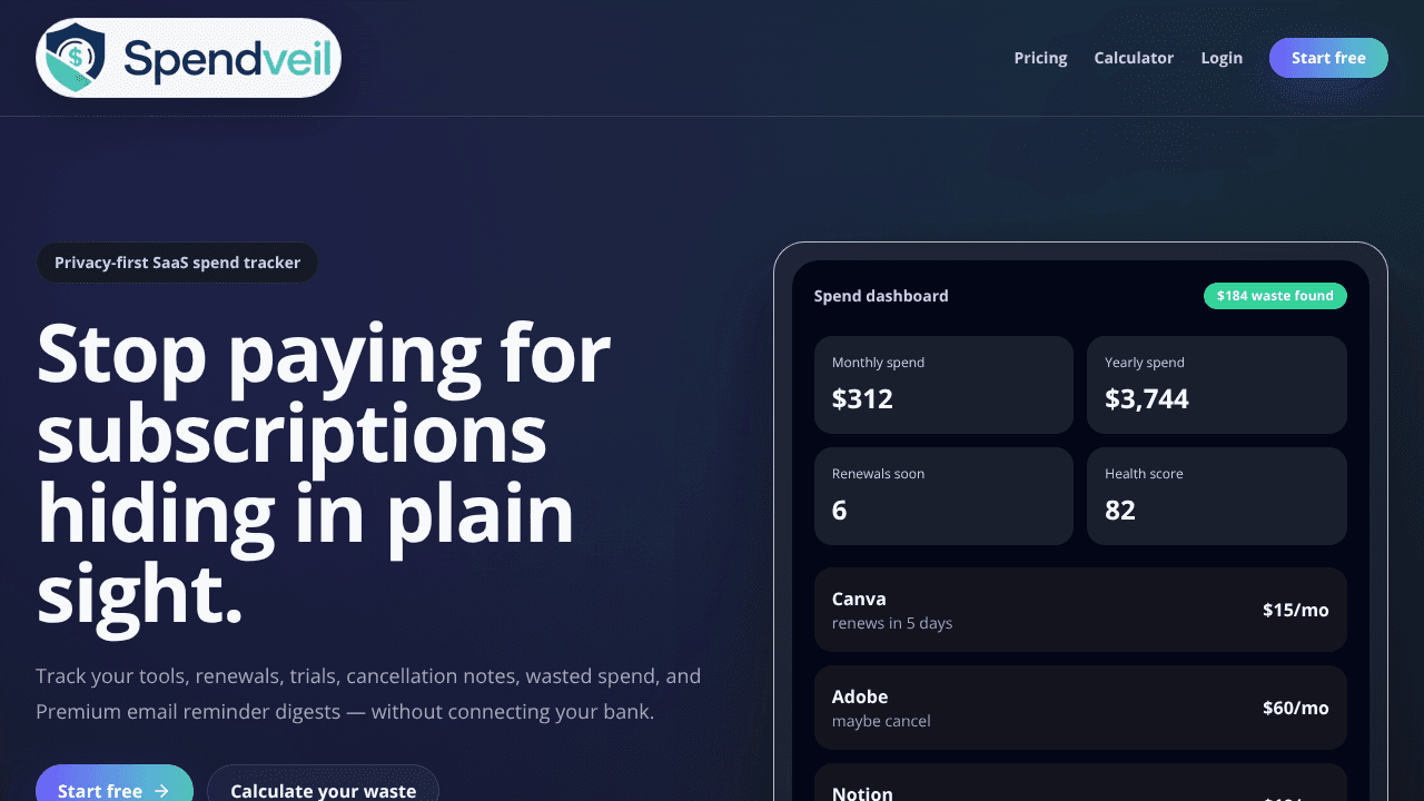 Spendveil — subscription tracker website screenshot