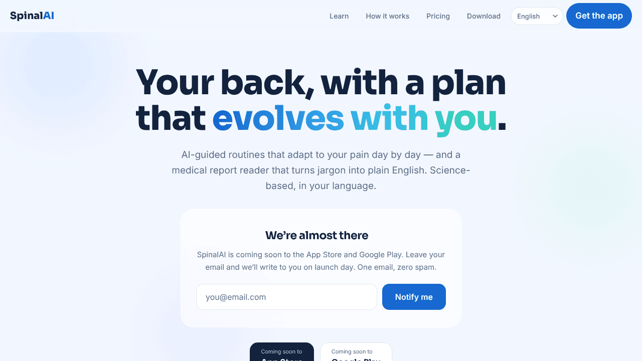SpinalAI - Back Pain Relief website screenshot