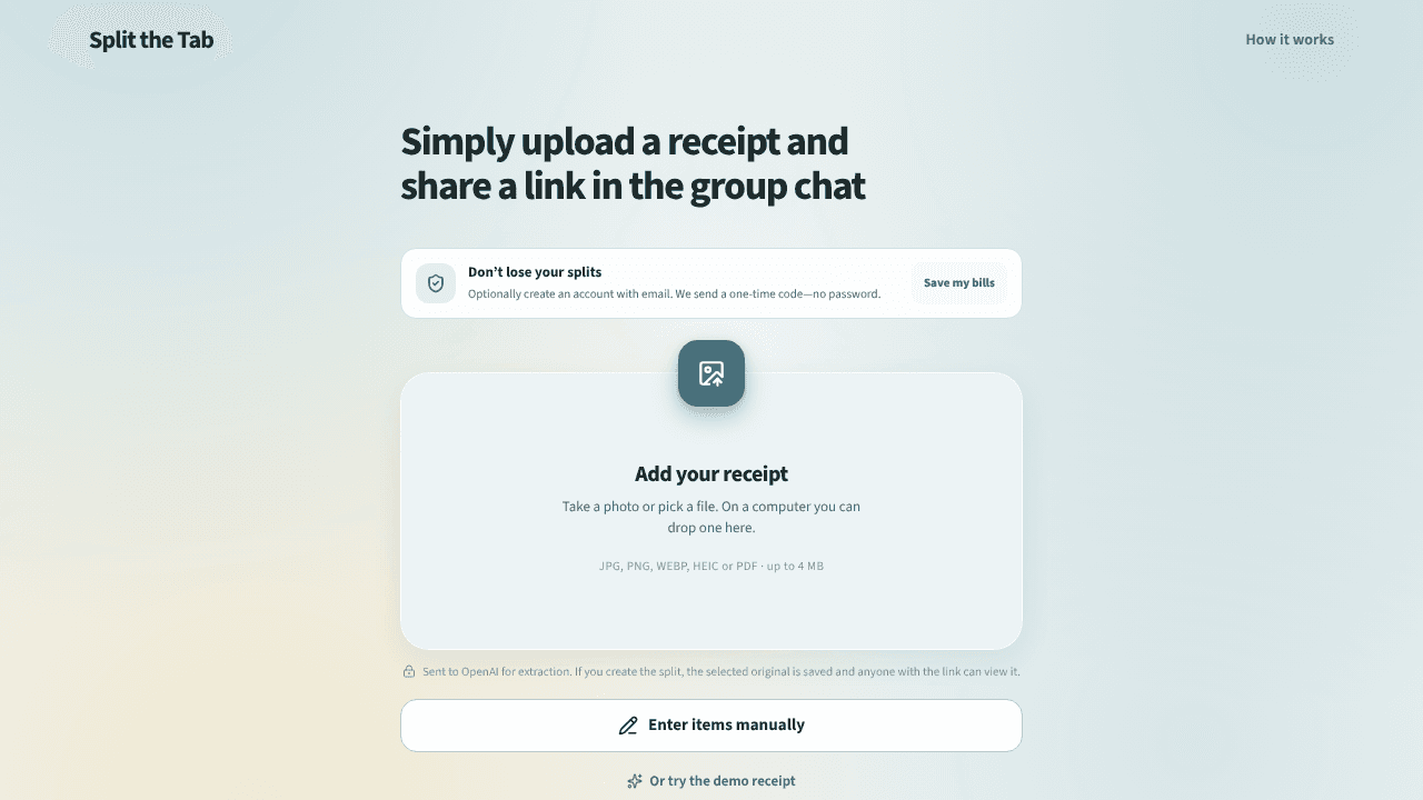 Split the Tab website screenshot