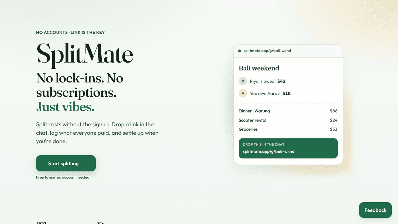 SplitMate — split expenses with a link website screenshot
