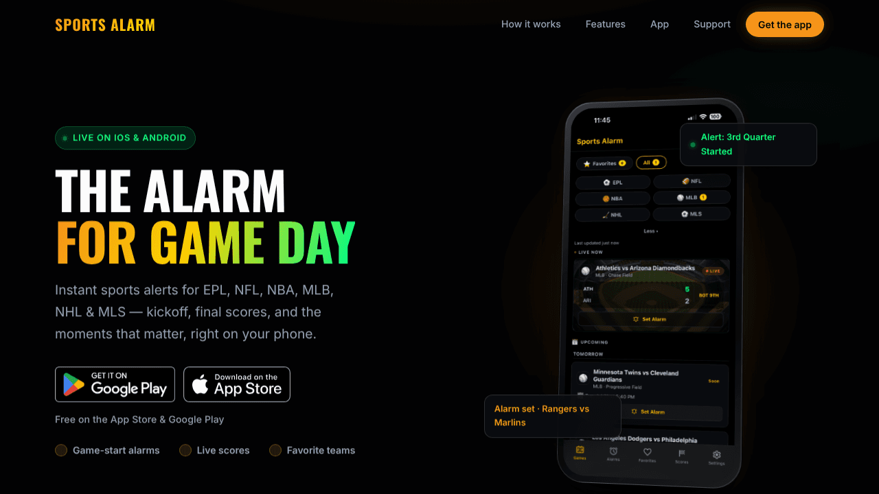 Sports Alarm website screenshot