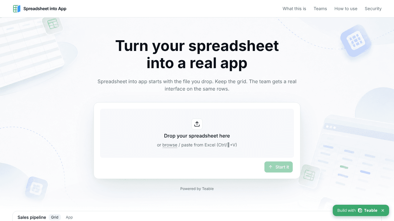 Spreadsheet into App website screenshot
