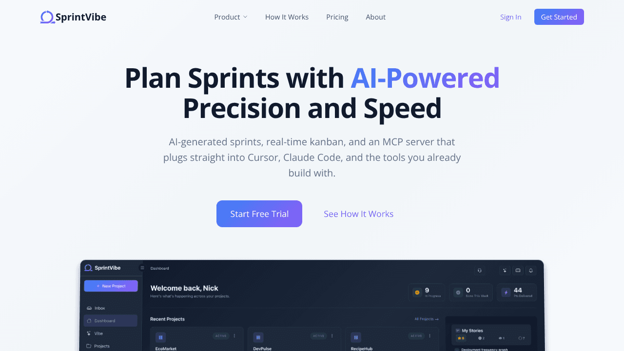 SprintVibe website screenshot