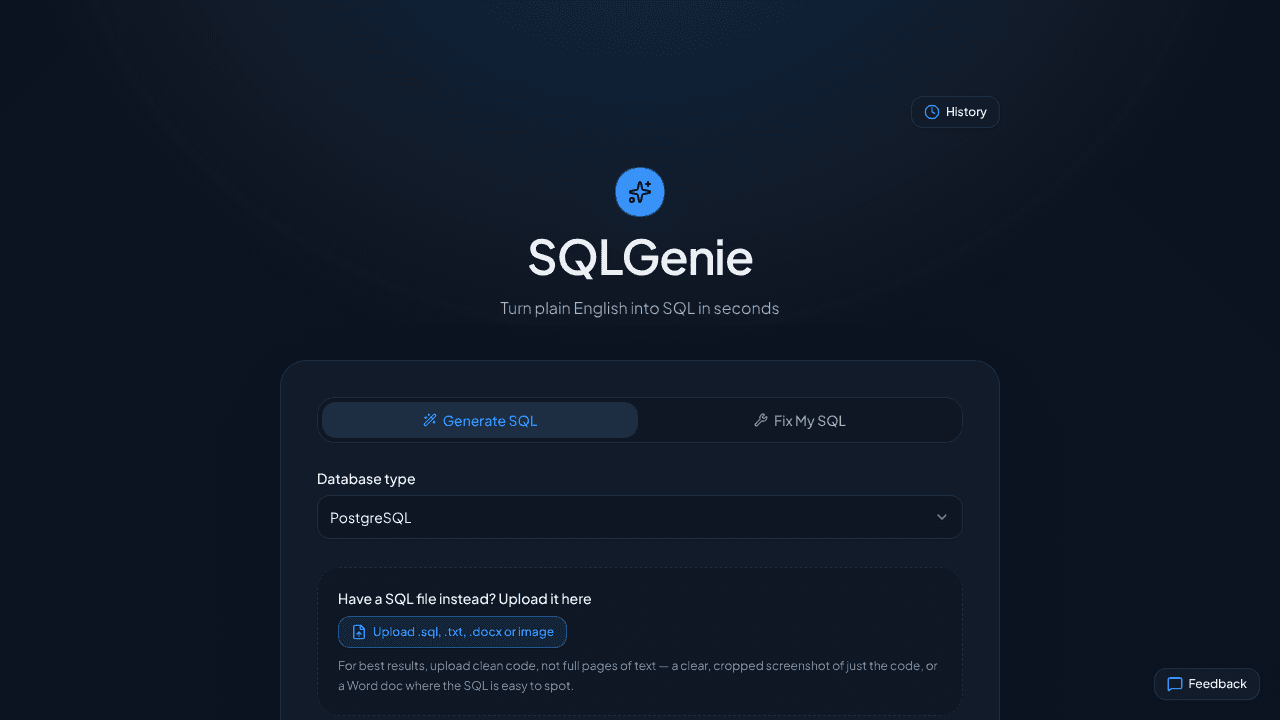 SQLGenie website screenshot
