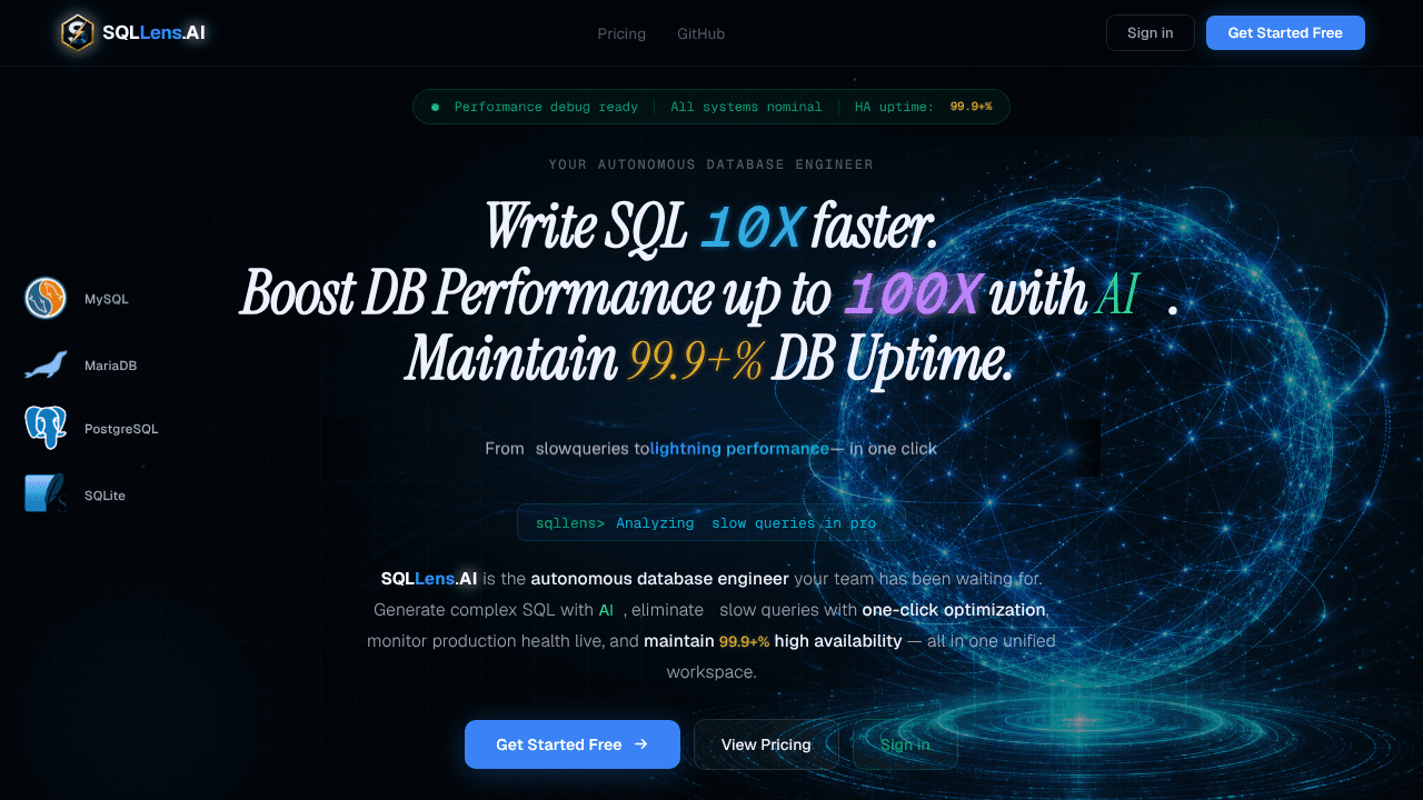 SQLLens.AI – Your AI Database Engineer  website screenshot