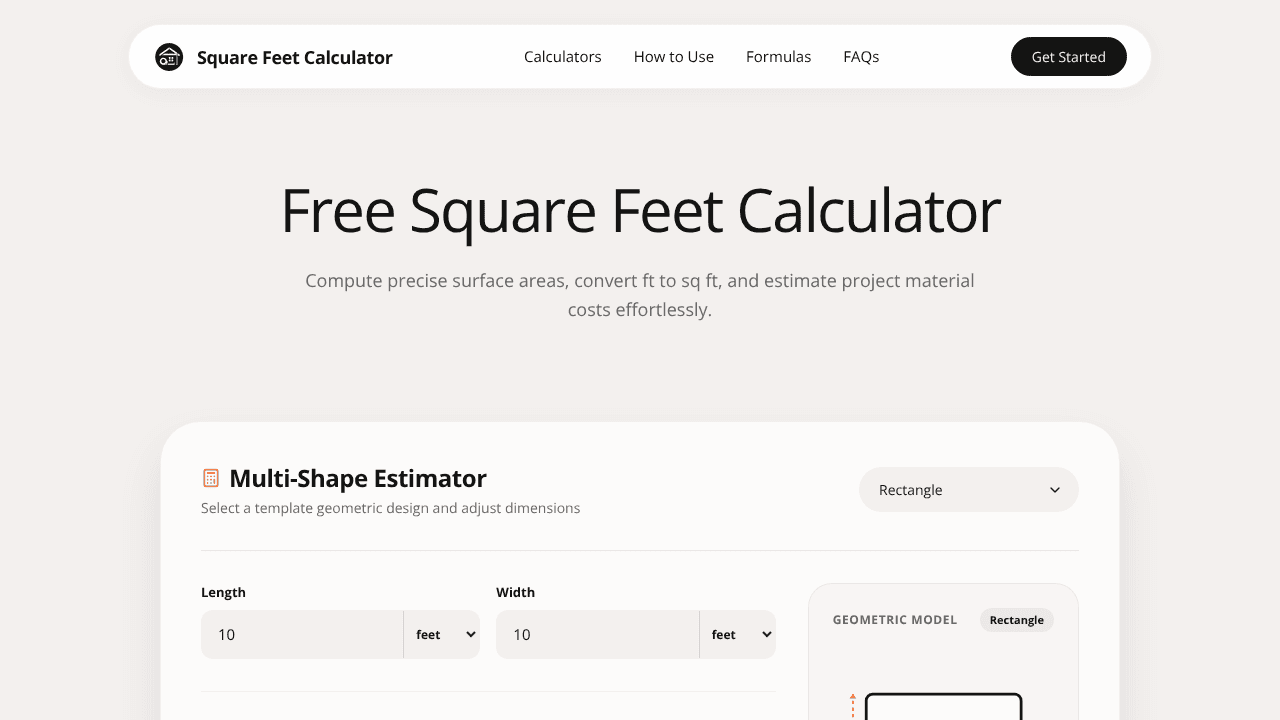 Square Feet Calculator website screenshot
