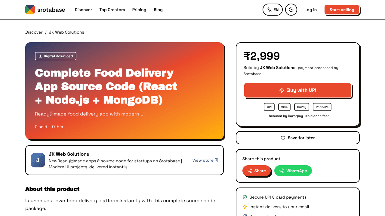 Srotabase –Food Delivery App Source Code website screenshot