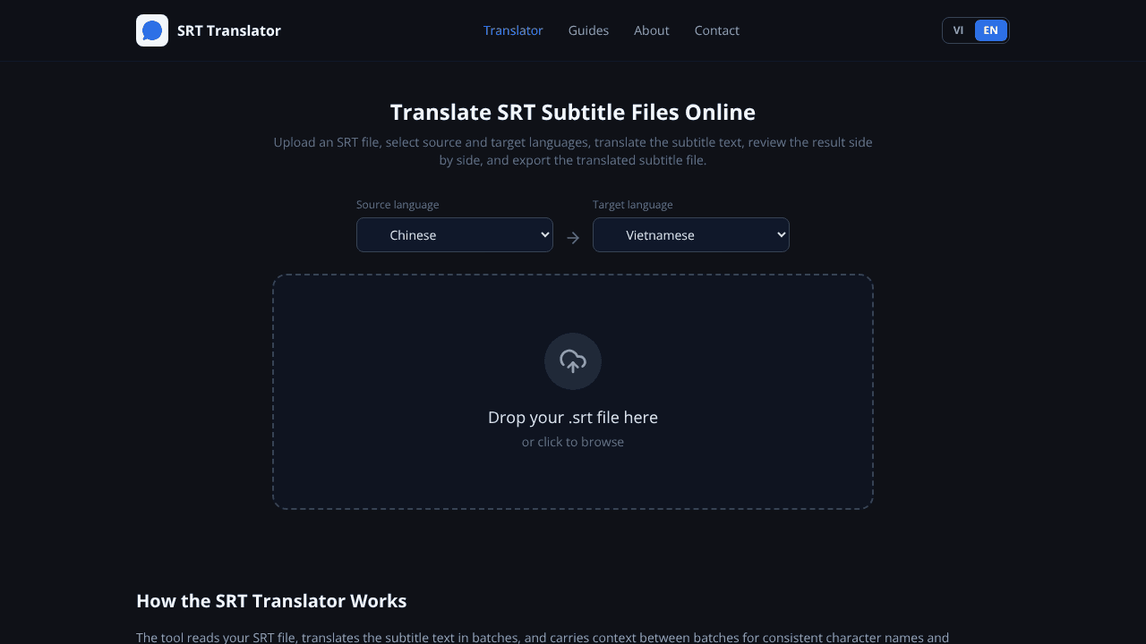 SRT Context-Aware Translator website screenshot