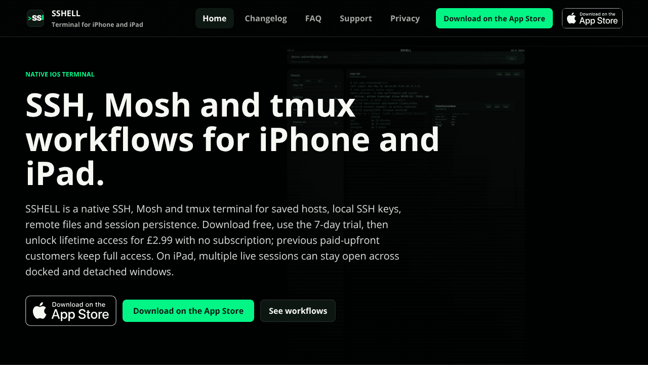 SSHELL Terminal website screenshot