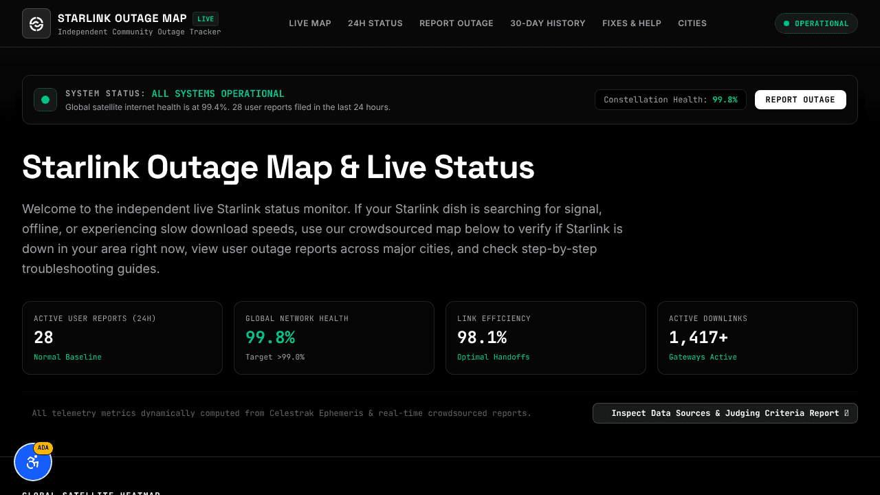 Starlink Outage Map website screenshot