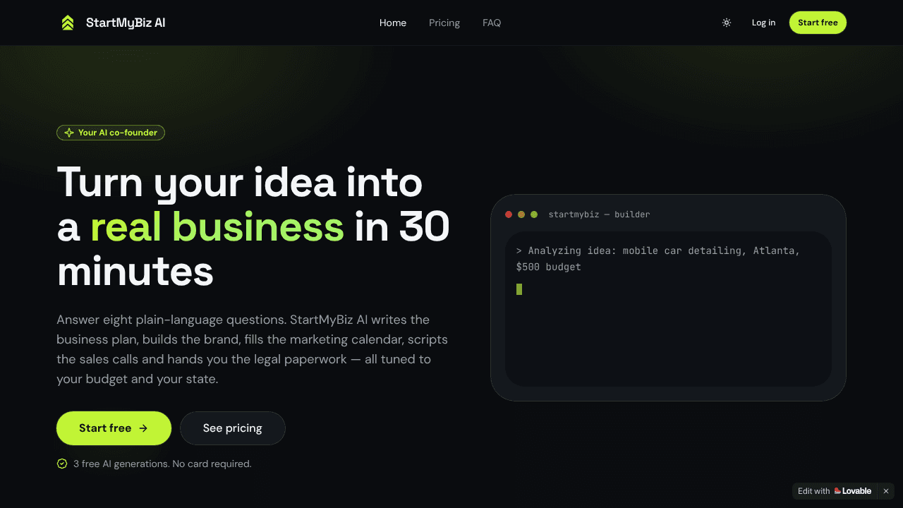 StartMyBiz AI website screenshot
