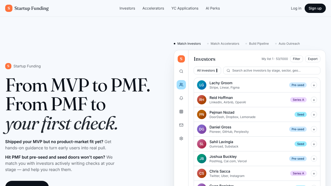 Startup PMF To Funding website screenshot