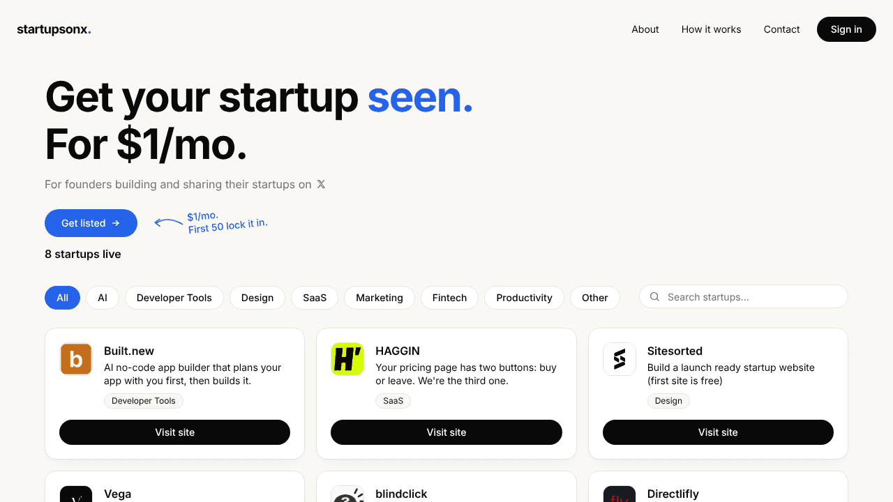 StartupsonX website screenshot