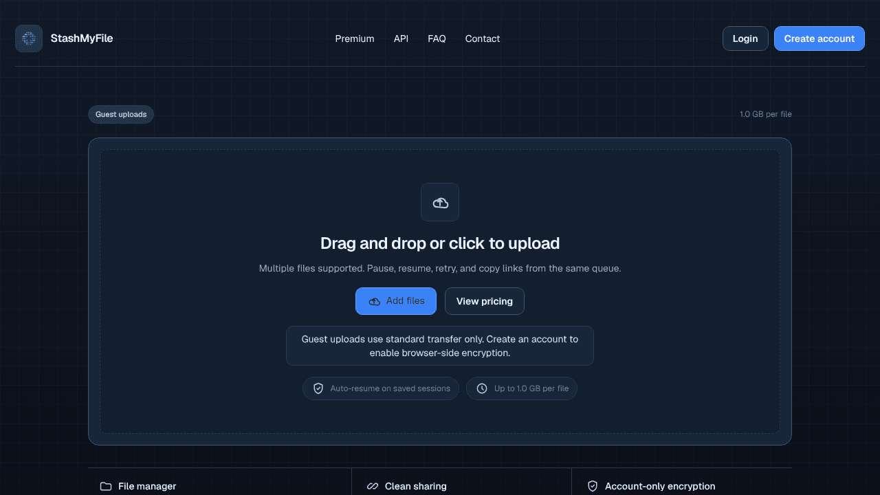 StashMyFile website screenshot