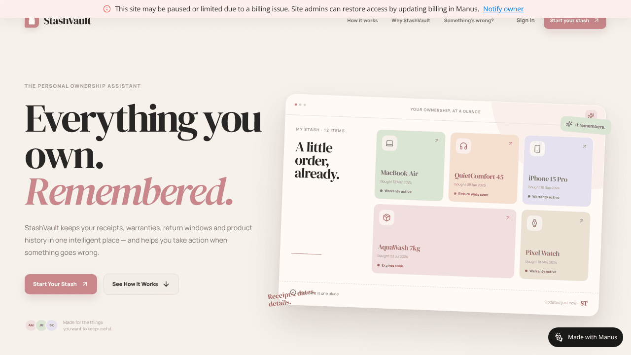 StashVault website screenshot