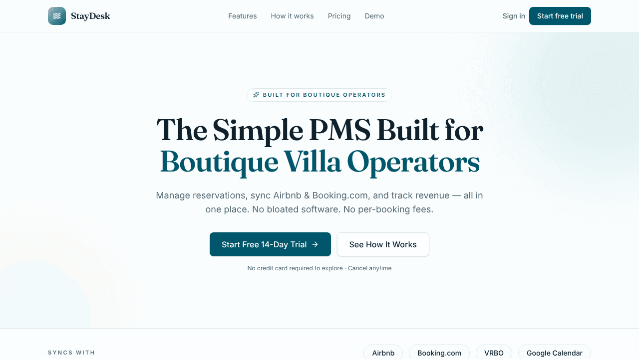 StayDesk PMS website screenshot