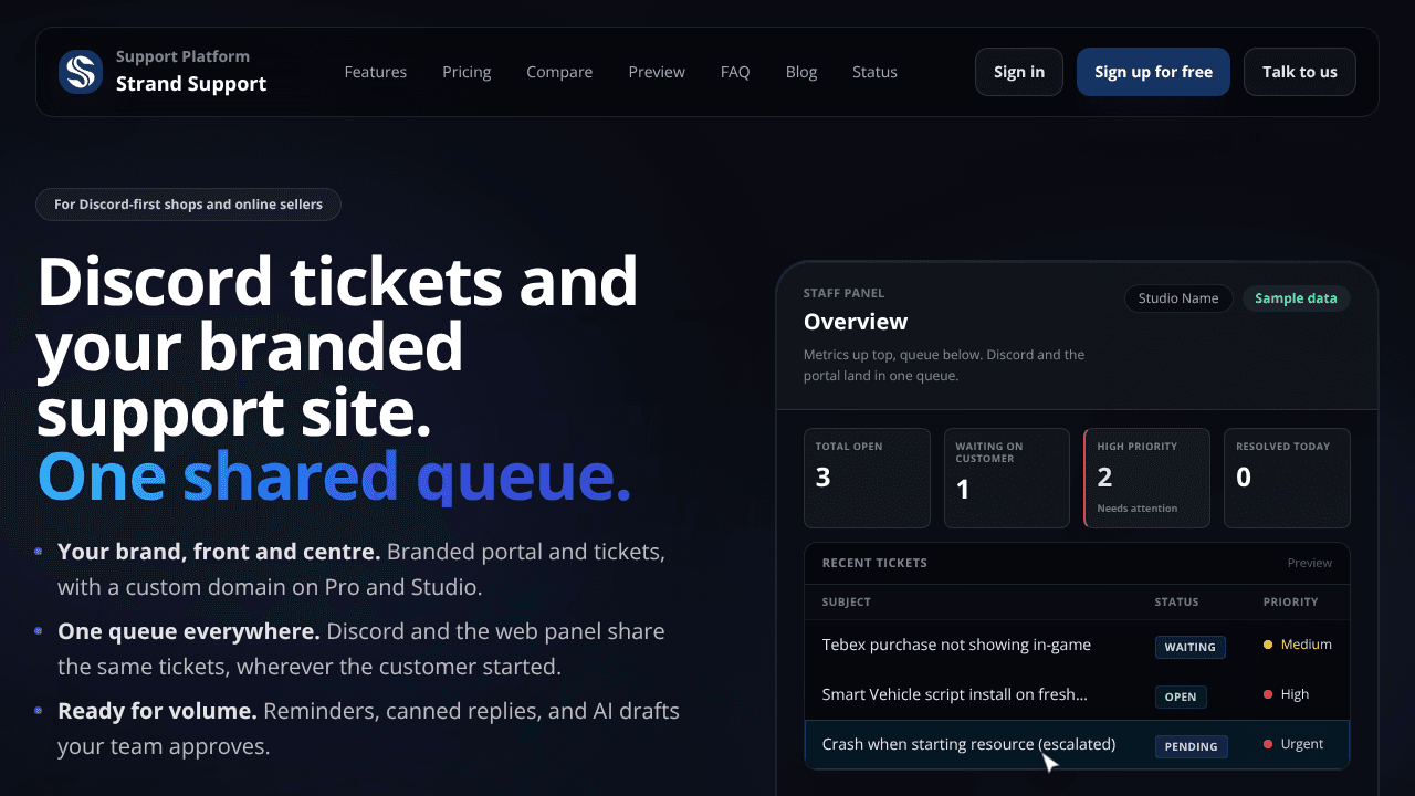 Strand Support website screenshot
