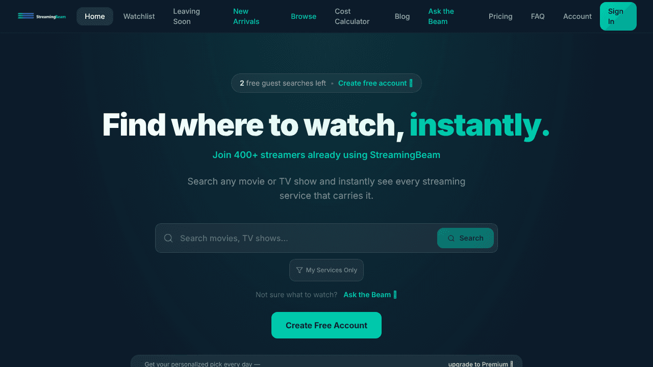 StreamingBeam website screenshot