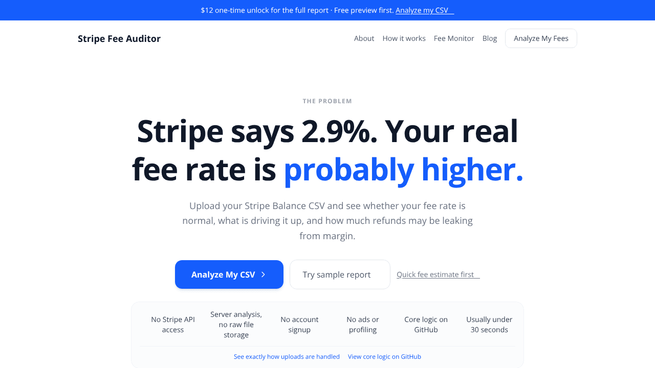 Stripe Fee Auditor website screenshot