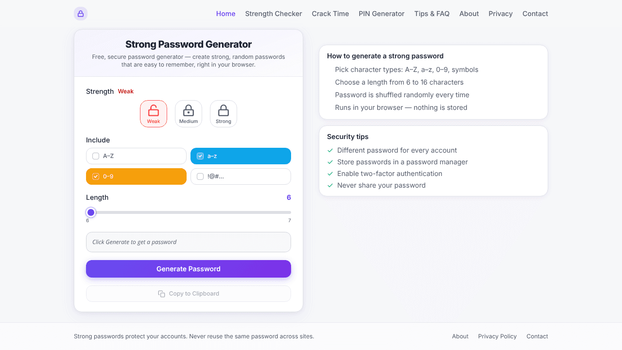 Strong Password Generator website screenshot