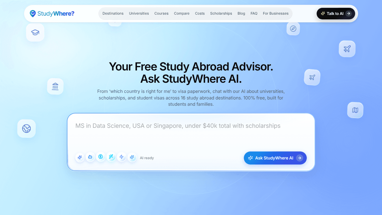 StudyWhere AI website screenshot