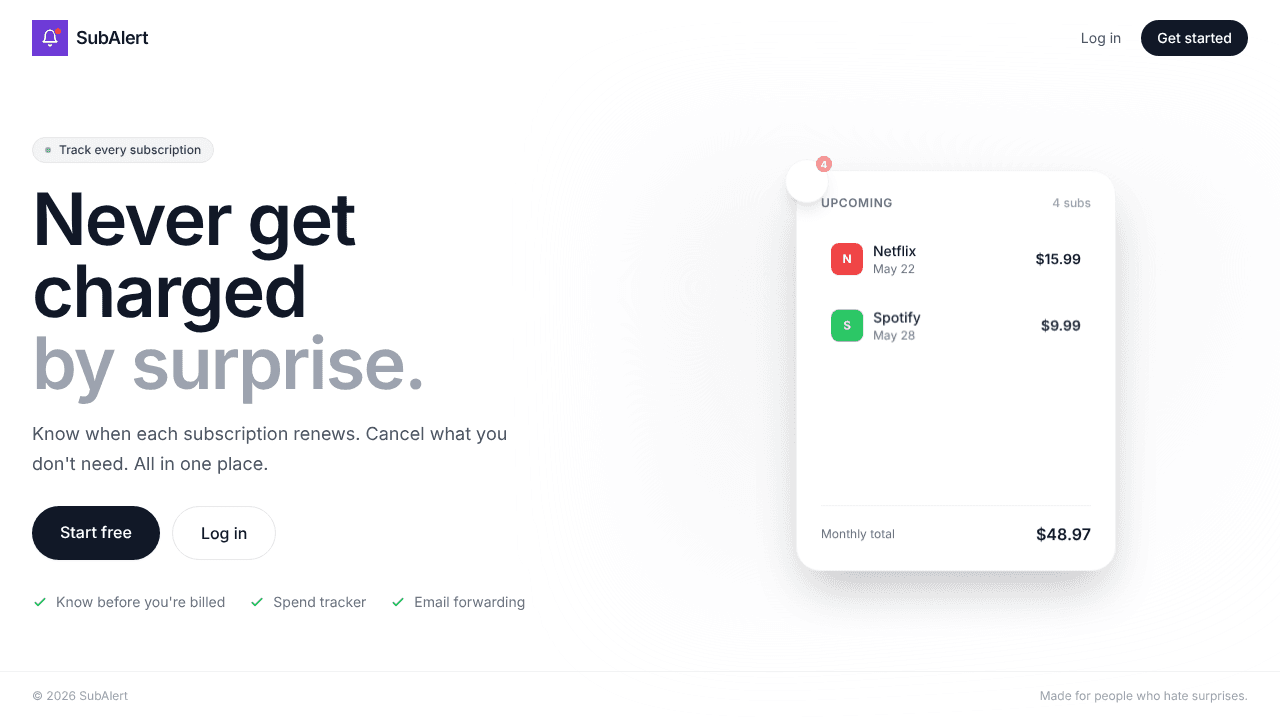 SubAlert website screenshot