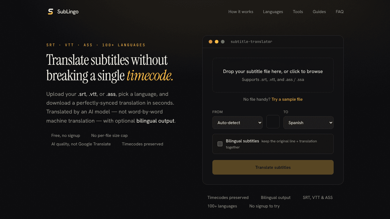 SubLingo — Online Subtitle Translator website screenshot