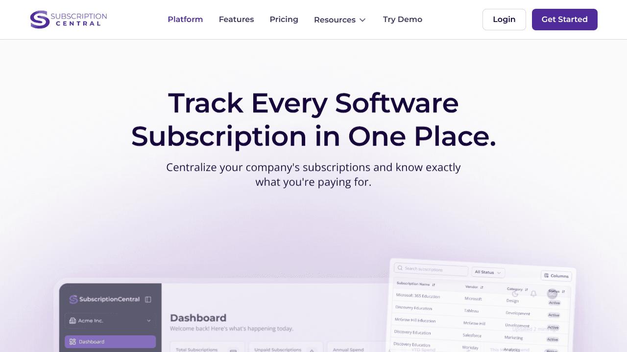 Subscription Central website screenshot