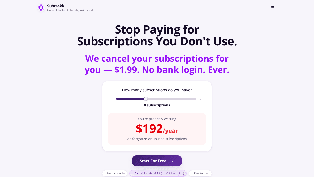Subtrakk: Subscription Tracker/Canceller website screenshot