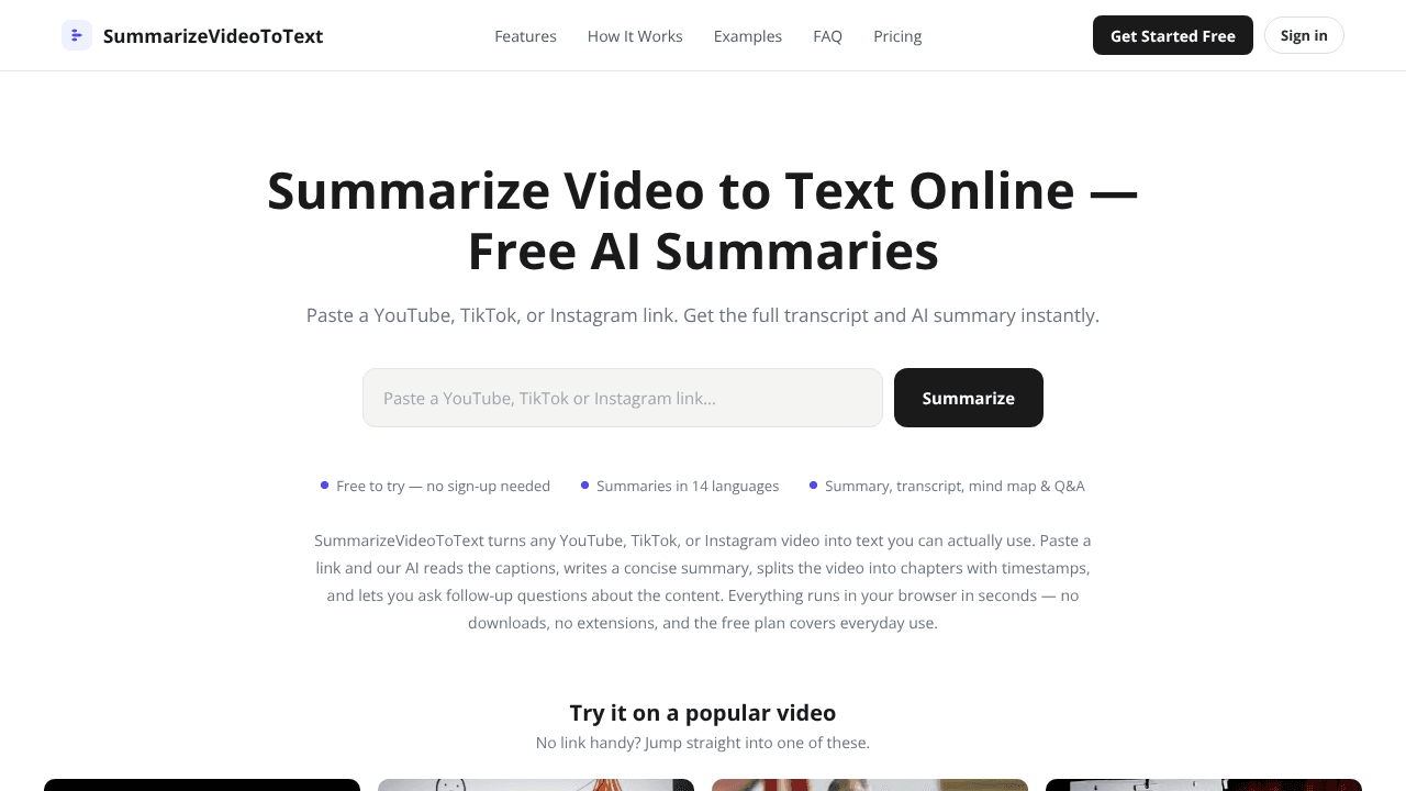 SummarizeVideoToText website screenshot