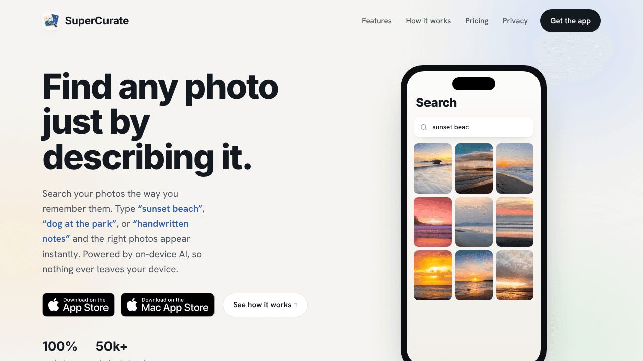 SuperCurate Photos website screenshot