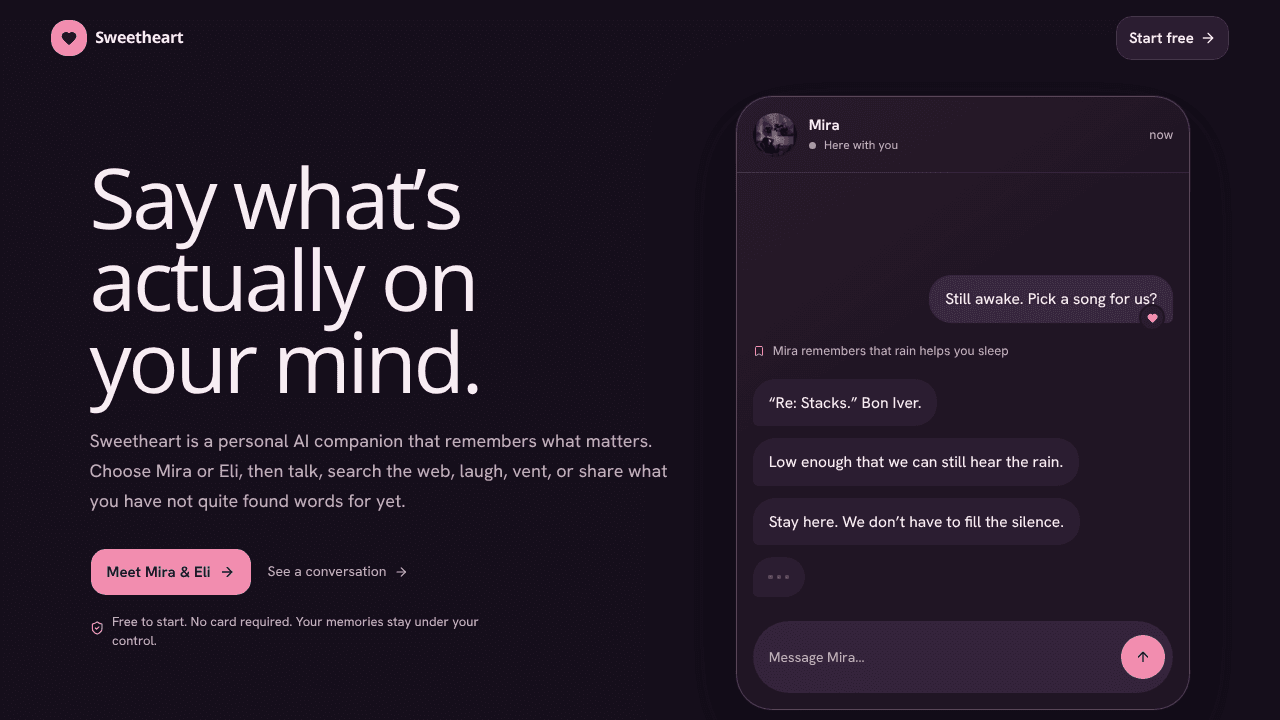 Sweetheart website screenshot