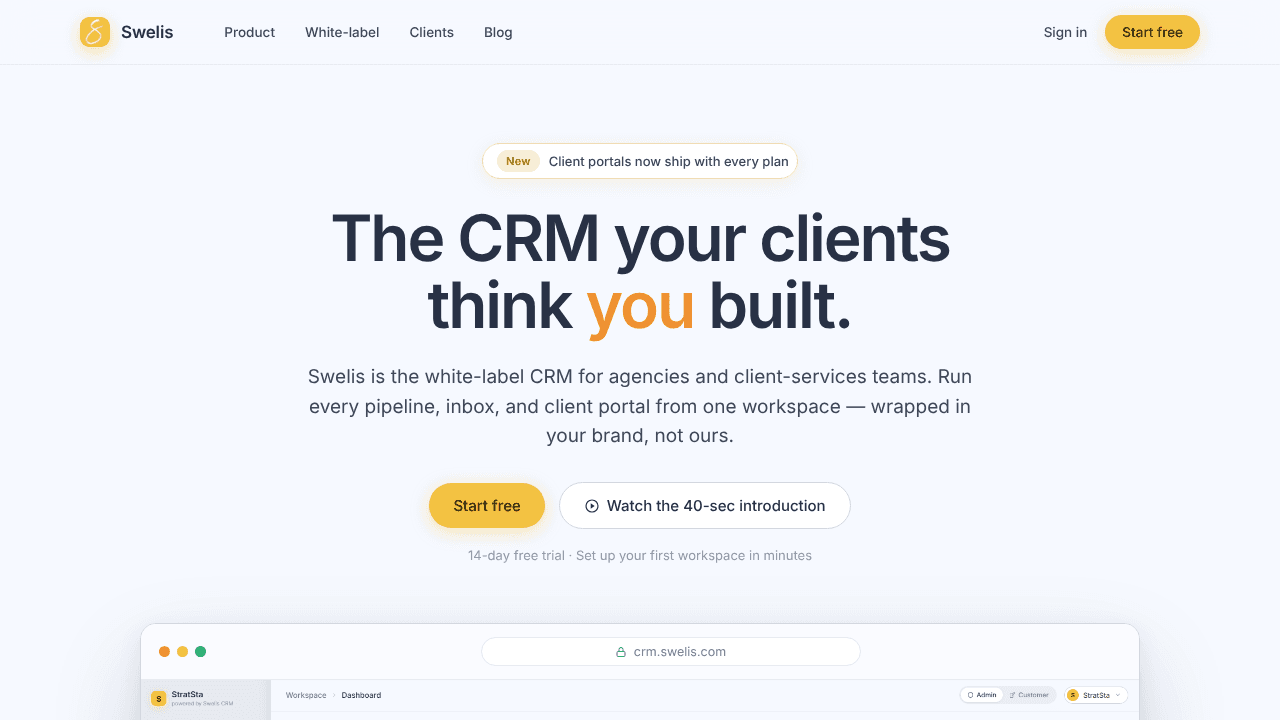 Swelis CRM website screenshot