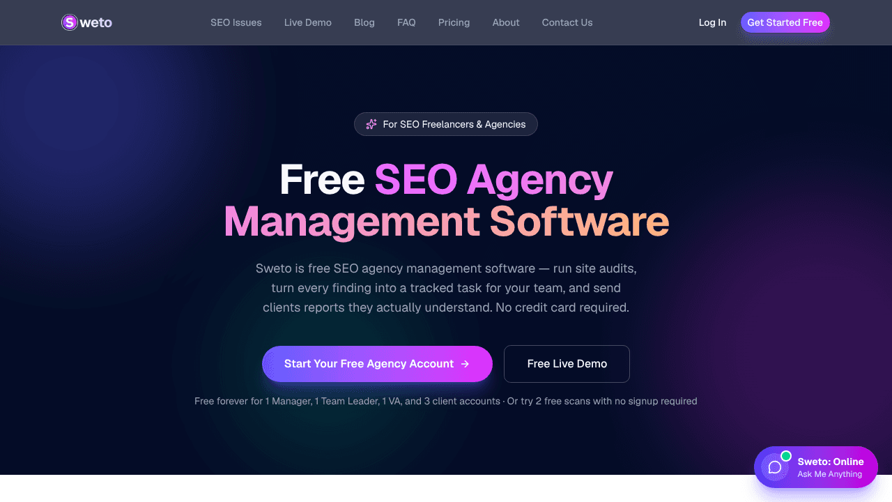 Sweto -Free SEO Agency Management App website screenshot