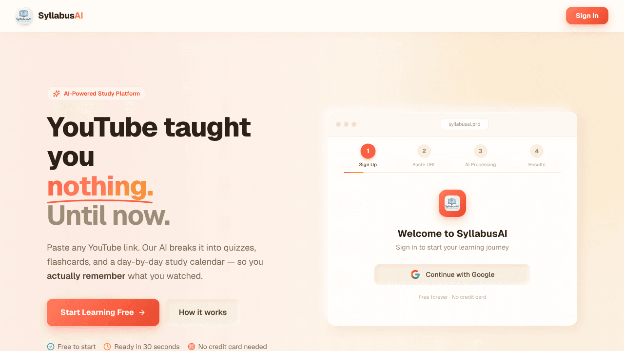 SyllabusAI YouTube to structure learning website screenshot