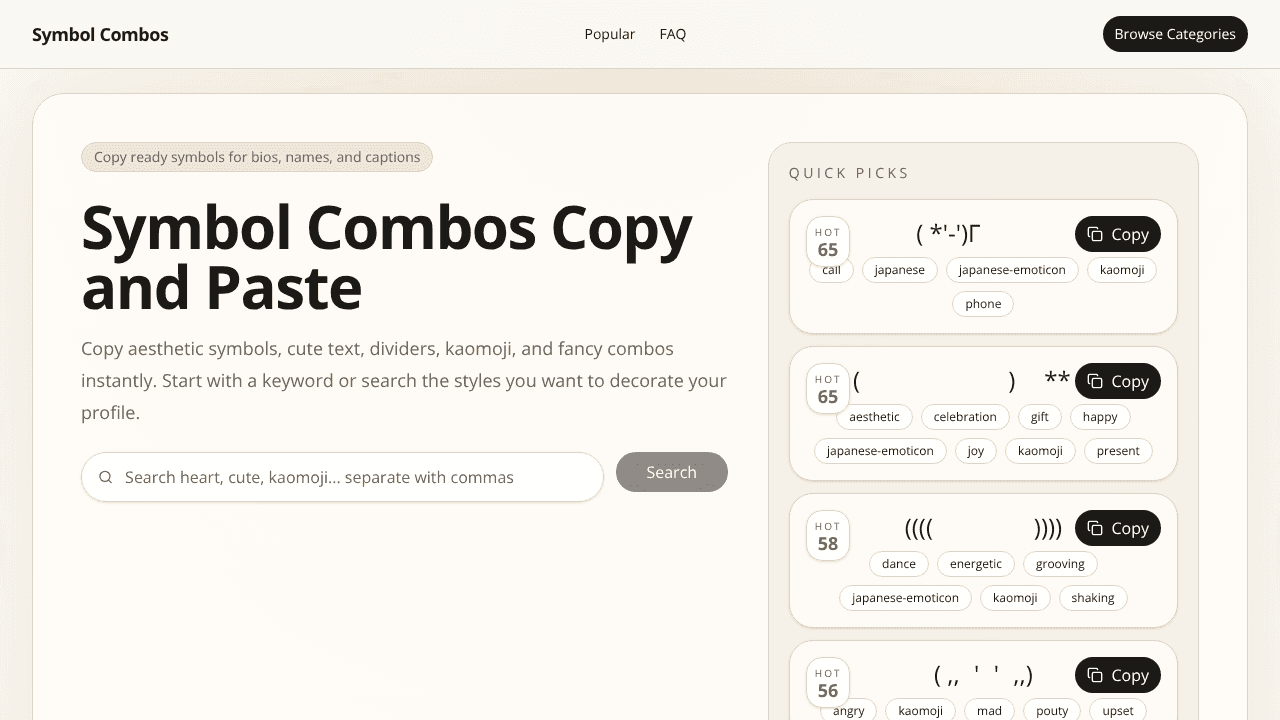 Symbol Combos Copy and Paste website screenshot