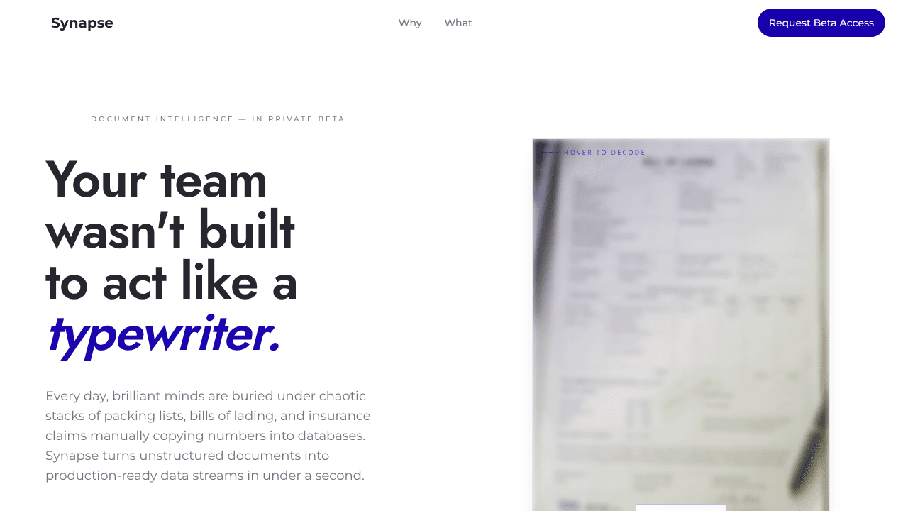 Synapse AI — Docs to Data website screenshot